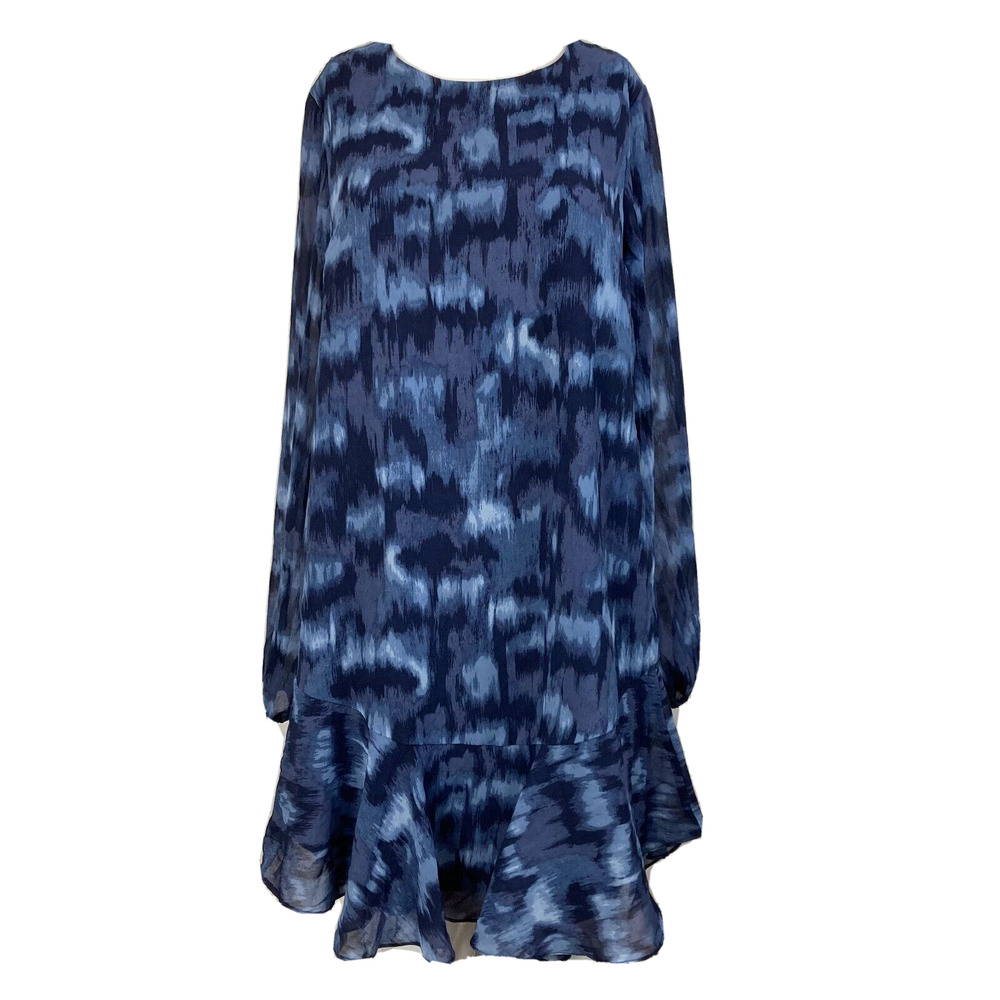 BCBG Maxazria Dress Womens Sz S Blue Chiffon Long Sleeve Flounce Shift Lined
